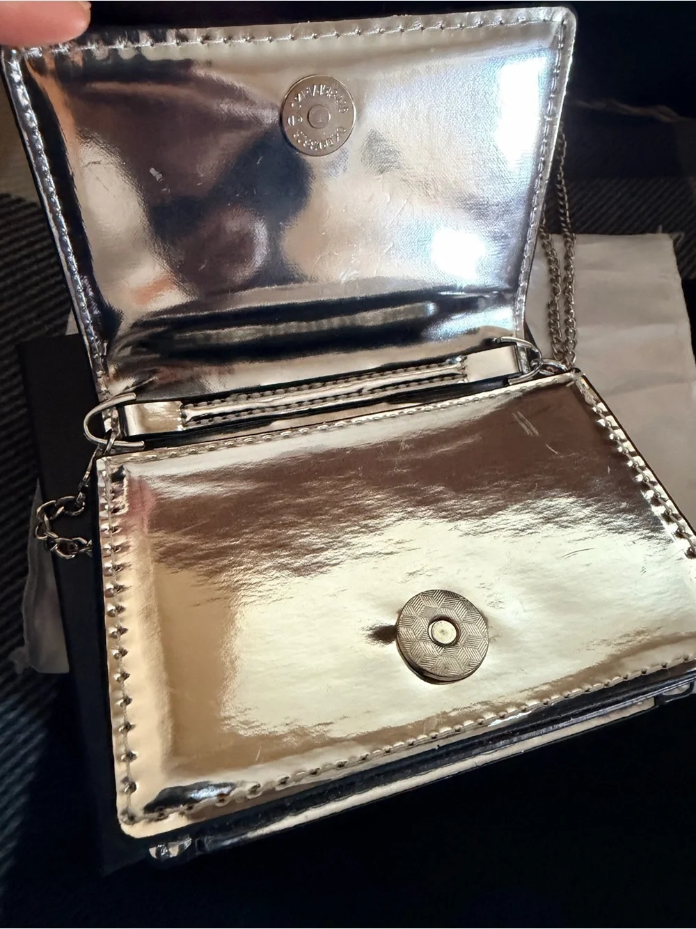 Metallic Silver Quilted Card Holder with Chain Strap